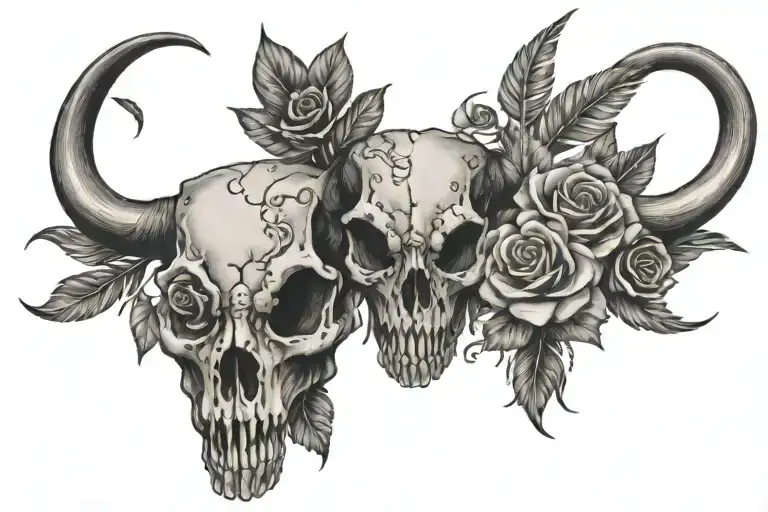 Longhorn Skull With Feather Hanging On One Horn Skull With Roses