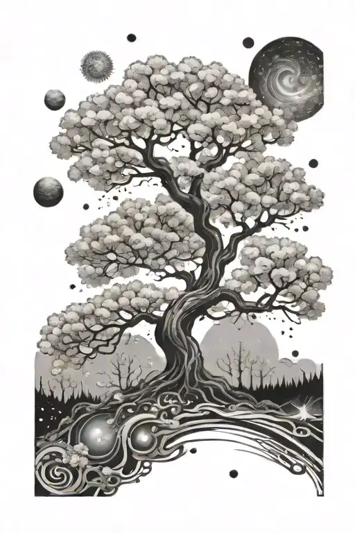 A Sakura Tree Eneveloping The The Universe Filled With Galaxies And Planets