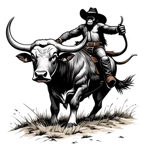 Cowboy Monkey Riding A Wild Bull