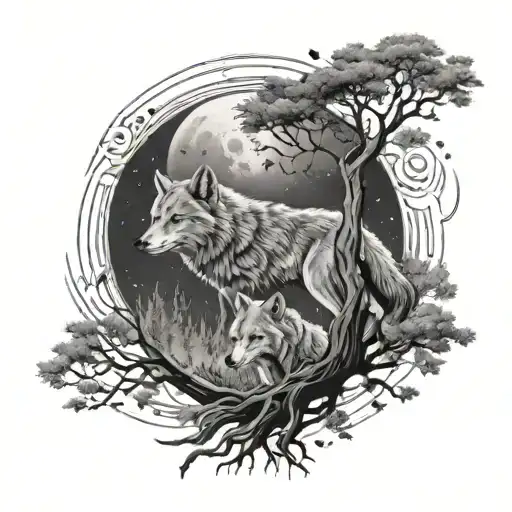 Wolfs Chasing Sun And Moon On Top Of A Tree