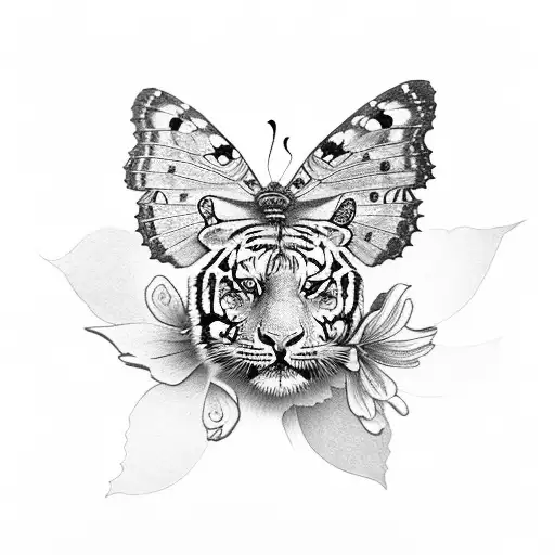 Butterfly With Tiger And Flowers On It