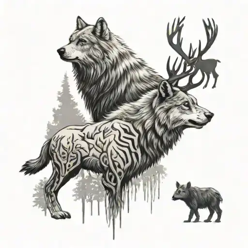 A Wolf And A Deer With A Bear On The Top