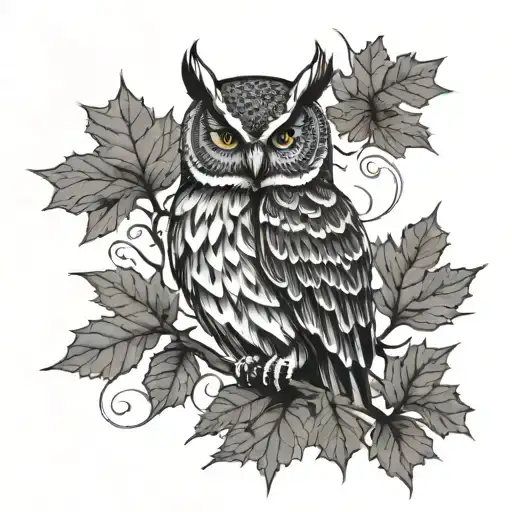 Owl With Maples Leaves At The Bottom