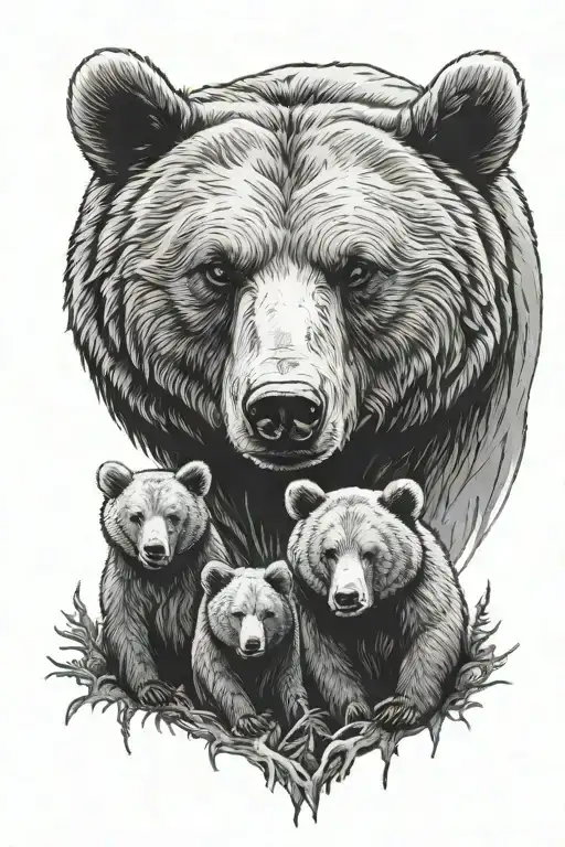 Bear With Three Cubs Surrounded