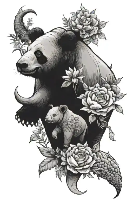 Panda Elephant Rhino Lioness And Flowers Growing