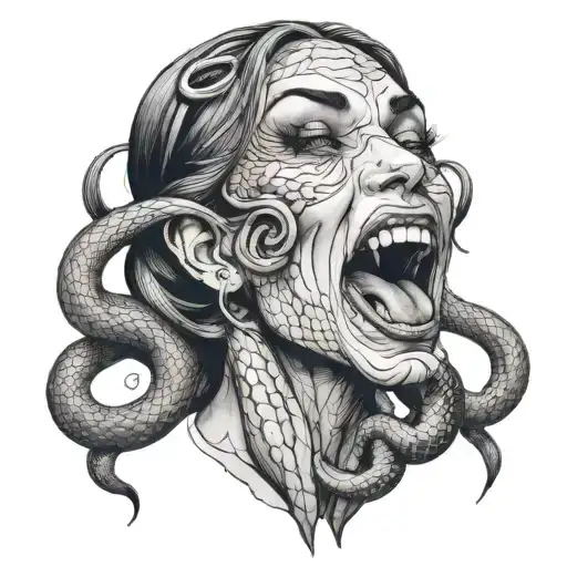 Evil Woman Face Multiple Eyes Rolled Back Tongue Out Like Snake