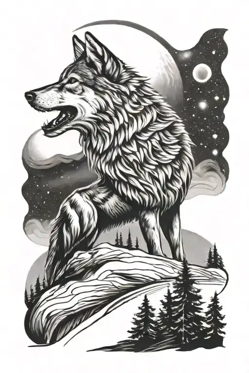 Wolf Howling At The Moon With Norther Lights