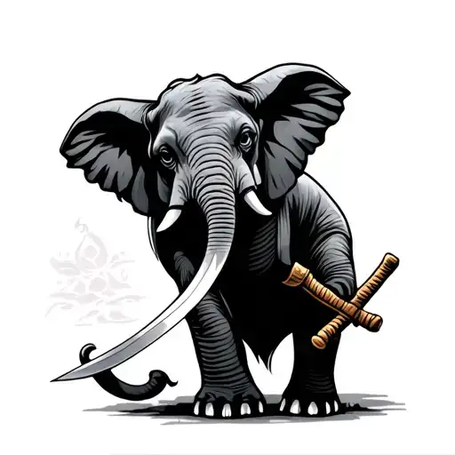 Abused Elephant Holding Sword To Show Over Coming Tough Times