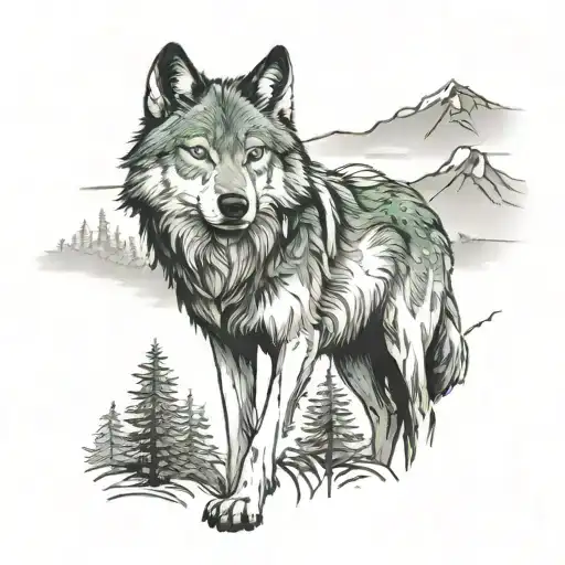 A Wolf With Green Eyes Standing In A Forest Landscape