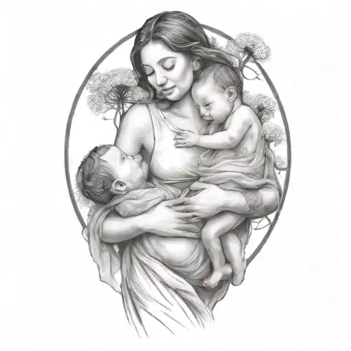 Mother Carrying Two Babies In Her Arms Under Dandelion Transforming