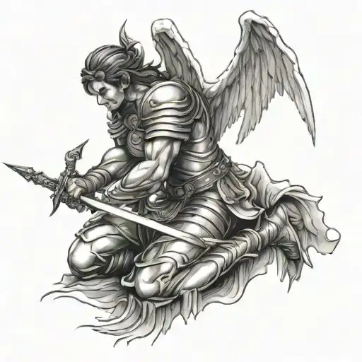 Angel Warrior Kneel Bleeding Holding To His Sword With An Arrow Craved In His Back