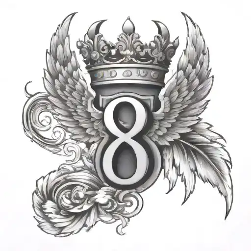 Number 8 Tattoo With A Crown And Wings Spread