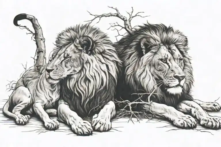 One Male And One Female Lion Laying On The Ground Next To 2 Trees