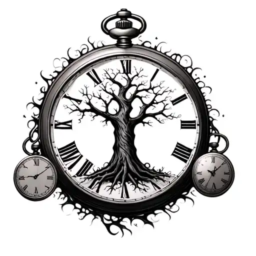 Tree And 3 Pocket Watches Intertwined Representing The Client's