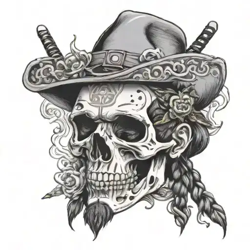 A Black And Grey Tattoo Of Post Malone's Famous Tattoos On A Skull And The Skull Has Samurai Hat
