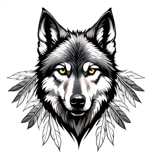 Half Wolf Head And Feathers