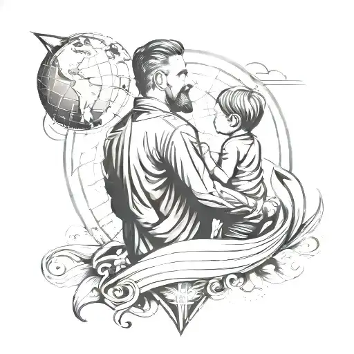 Design A Tattoo Of A Father And Child Holding Hands With A Background Of A Globe And A Diamond