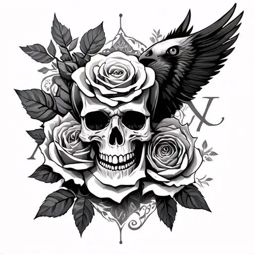 Rose And Skull And Roman Letters And Eye And Eagle On A Half Sleeve
