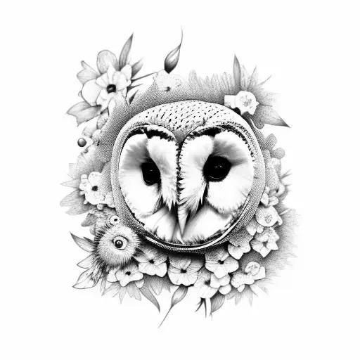 Realistic Barn Owl Full Body With Wild Flowers