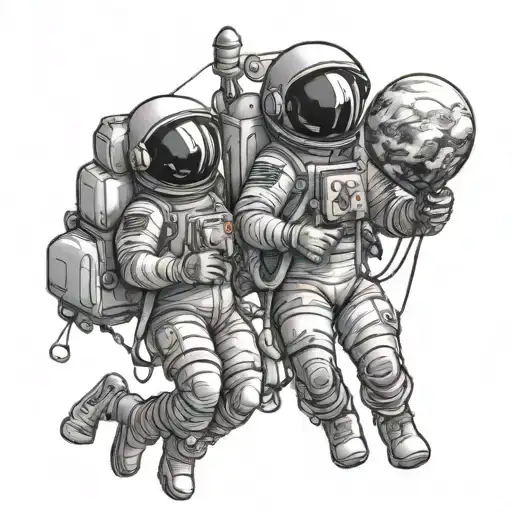 Romantic Tattoo Of A Male Astronaut Handing A Female Astronaut Balloons That Symbolize Planets
