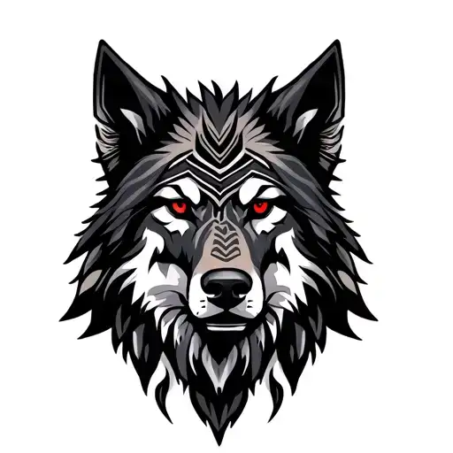 Aztec Style Black Wolf Facing Straight With Red Eyes