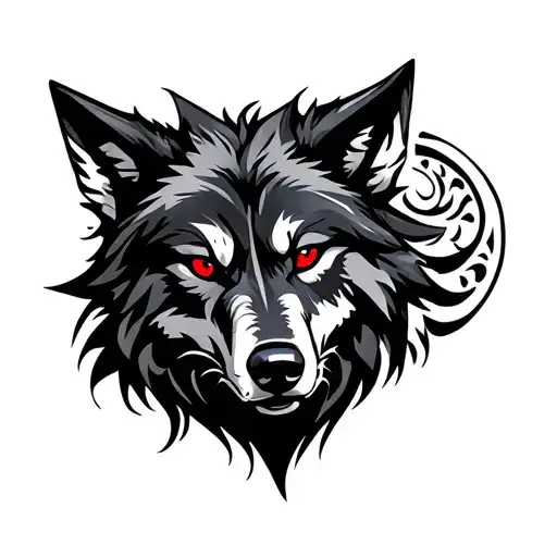 Tribal Black Wolf Facing Straight With Red Eyes
