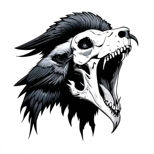 Goat Skull Crow And Wolf Howling