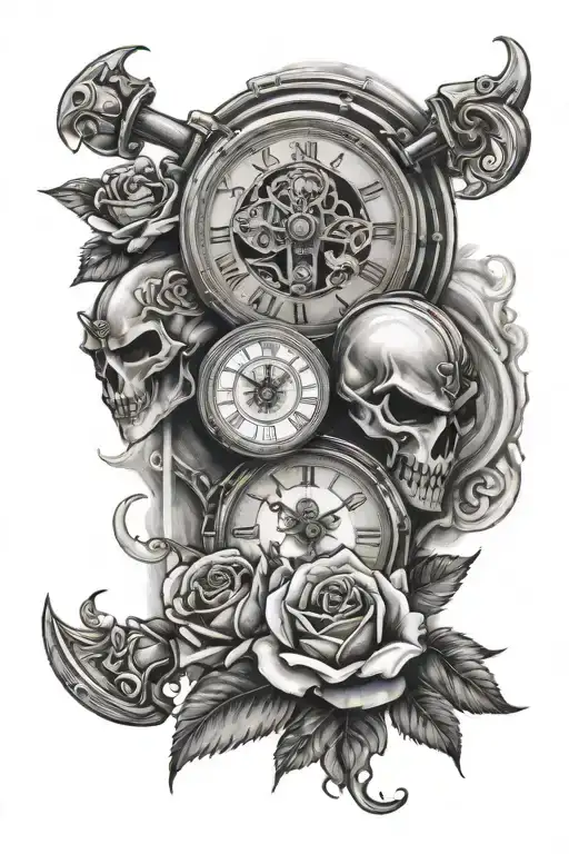 3 Time Clocks Arm With Rose And Spartan Helmet Surrounded