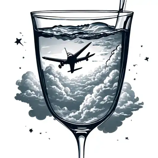 Upside Down Glass Of Water With An Airplane Flying Through Clouds On The Inside