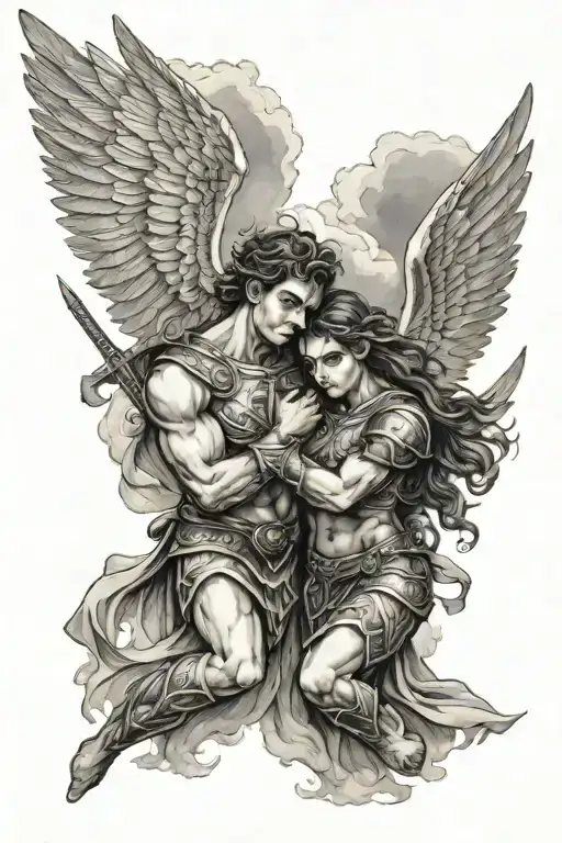 2 Angel Warriors With Clouds Surrounding