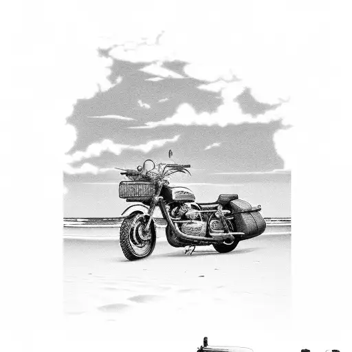 A Black And Grey Tattoo Of A Serene Beach Landscape With A Motorcycle Parked Nearby
