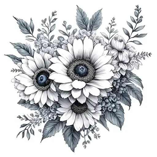 Blueberry Sunflower Peonies And Lilacs In A Bouquet Tattoo No Color