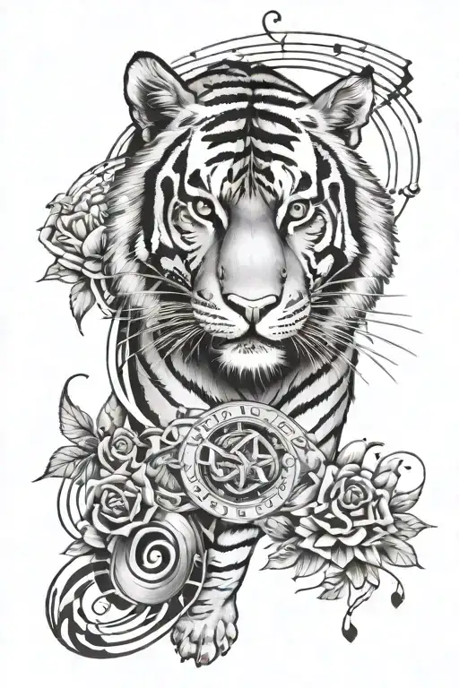 Create A Tattoo Of A Tiger Surrounded By Musical Notes And Security Elements