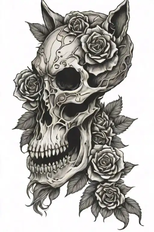 Wolf Skull And Roses Entangled Floral