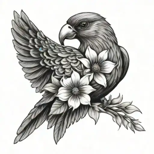 Tattoo Of A Bird With A Beak In A Hoof Of The Nile And Flowers