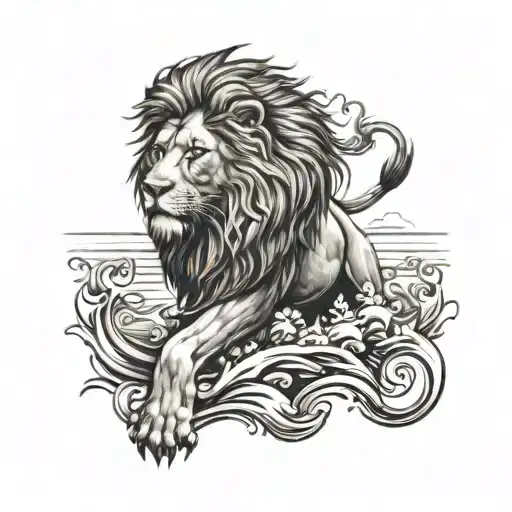 Design A Tattoo Featuring A Lion Exercising By The Ocean