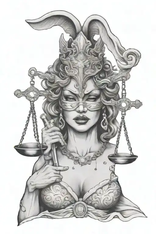 Lady Justice Werting Oni Mask While Holding A Gun