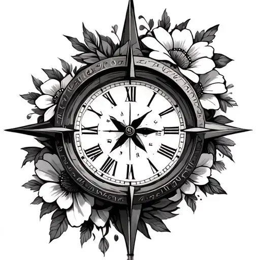 Clock Inside Compass With Flowers On Outside