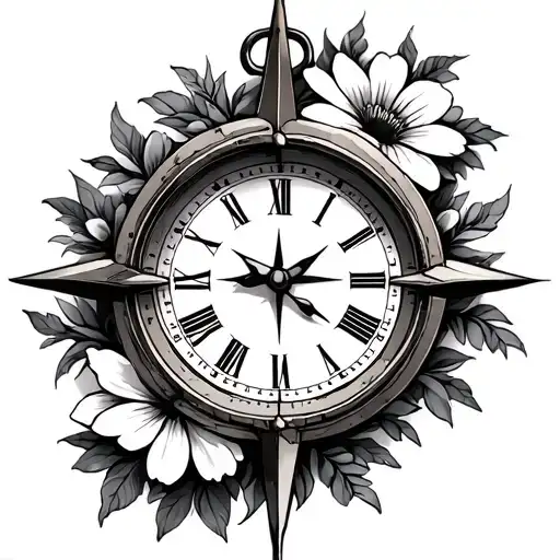 Clock Inside Compass With Flowers On Outside