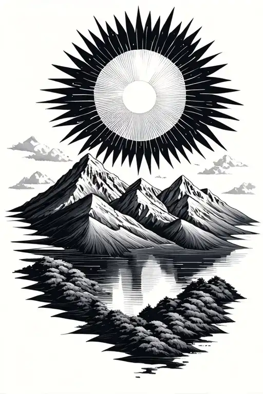 Sun And Mountain In Geometric Shape Fine Line And Dotwork Style