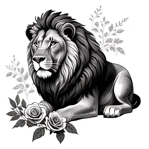 Lion Sitting With Roses And Foliage In Front Of Him