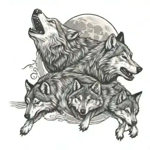 Wolves Chasing Away The Moon With Three Cubs Face