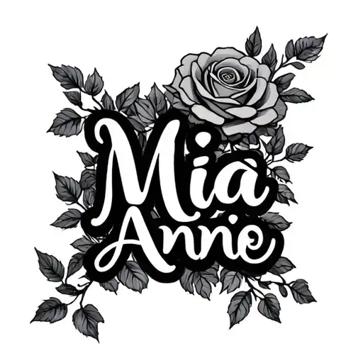 The Name Mia Annie In Stylised Writing Amongst Rose Tree