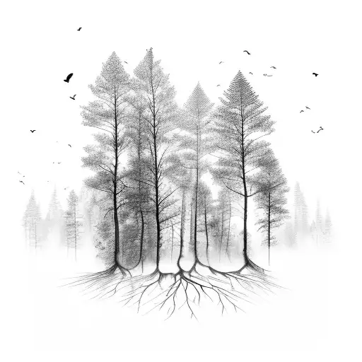 Forest With Trees Breaking Apart Into Birds