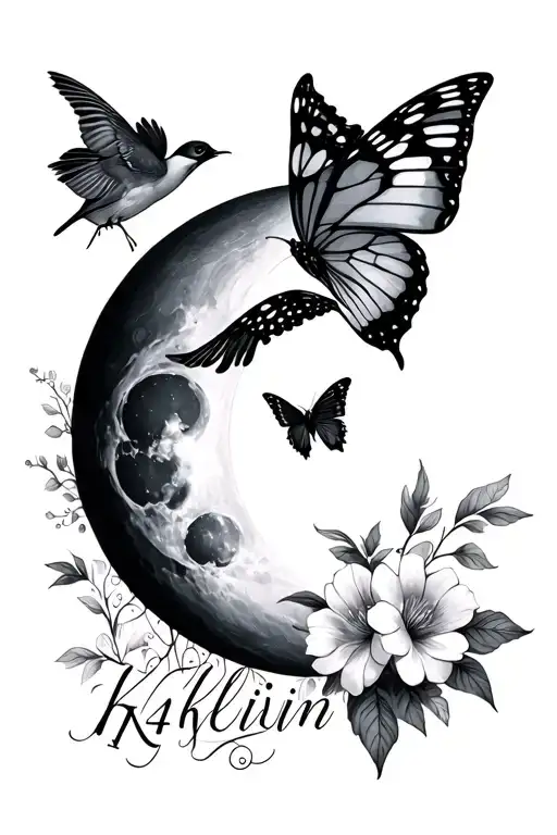 The Words K4klivin With Birds And Flowers Butterfly Moon