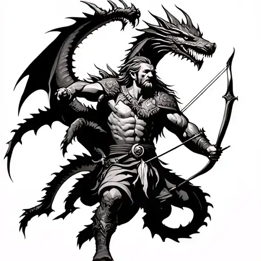 Viking With Bow And Arrows Fighting A Dragon