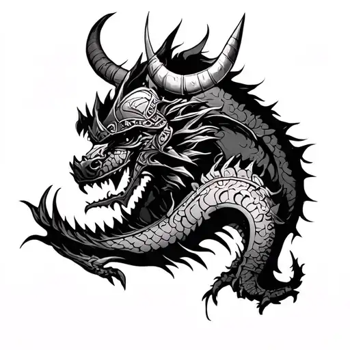 Viking With Horn Helmet Fighting A Dragon