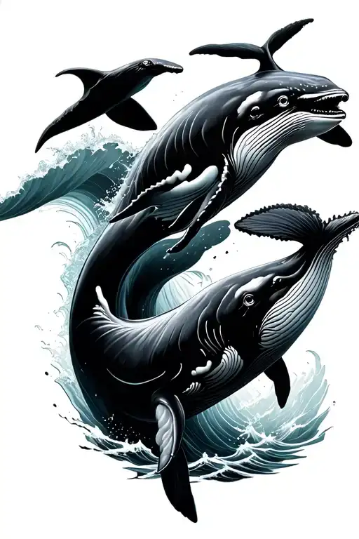 Geometric Realism Ocean Waves Whales Swimming Gracefully