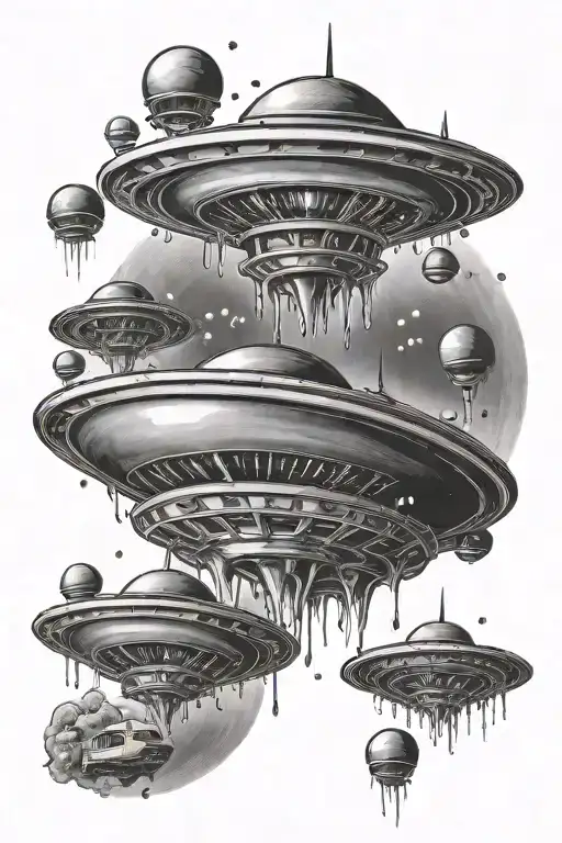 Alien Flying Saucer Beaming Up Two Smaller Flying Saucers