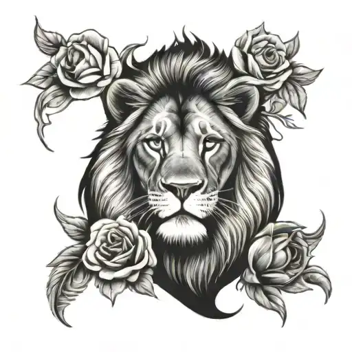 Big Fierce Lion And Roses
